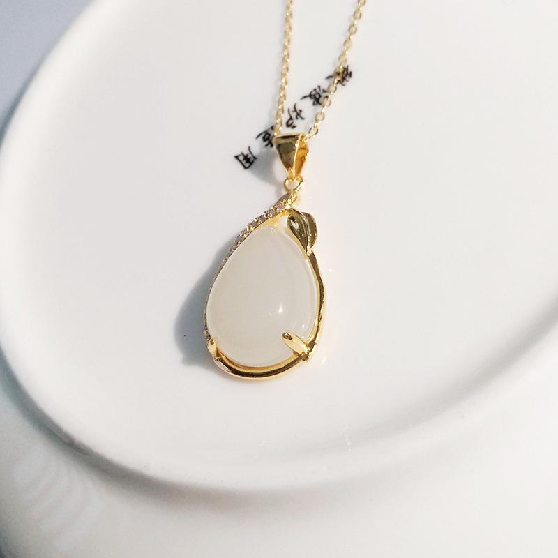 Water Drop Shaped Imitation Hetian Jade Pendant Women'S White Chalcedony Necklace Electroplating