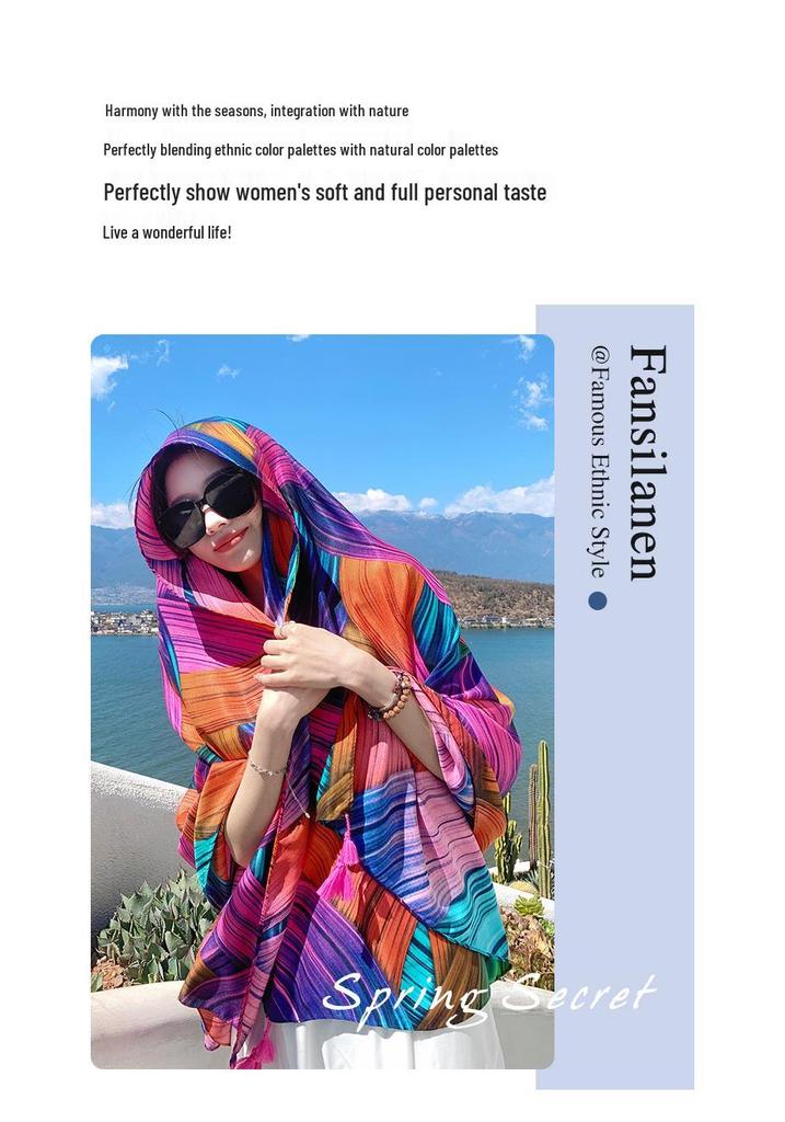 Women's Ethnic Style Silk Scarf: Extra Large, Versatile Sun Protection Shawl for Summer
