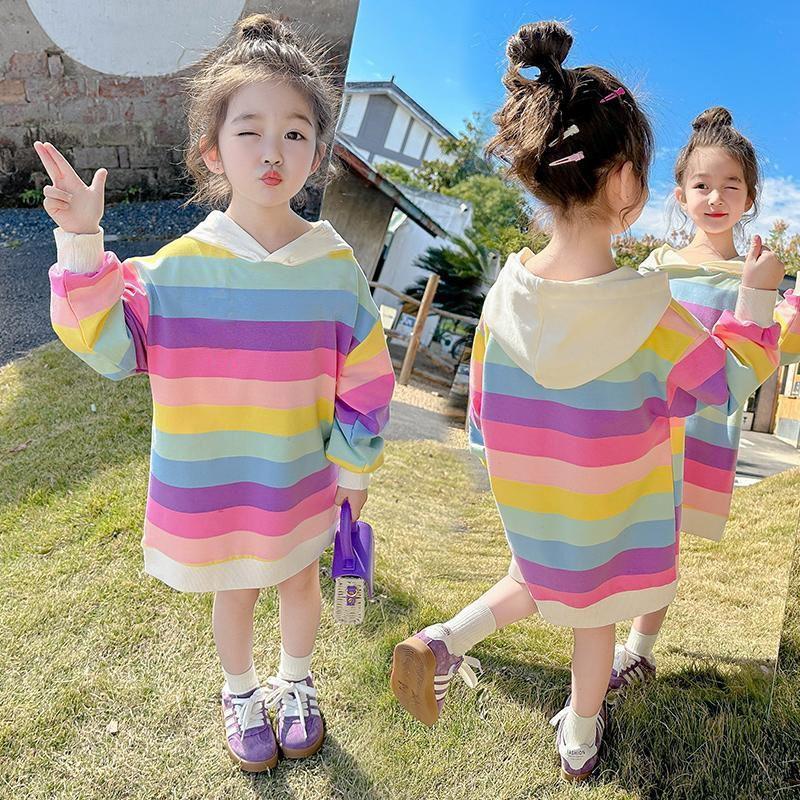 Girls Korean Rainbow Striped Sweatshirt Dress Spring Autumn Long Sleeve Casual Midi Dress for Kids