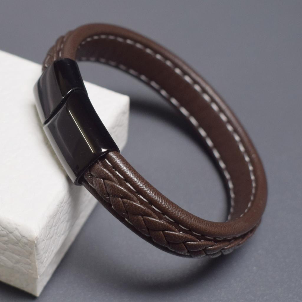 Punk Hand Woven Stitched Leather Bracelet Men's Stainless Steel Bracelets Bangles Simple Magnetic Buckle Luxury Jewelry
