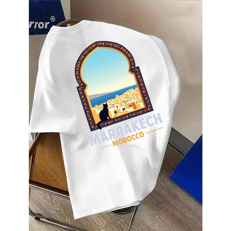 Pánské ležérní tričko evropské velikosti - "MARRAKECH" s architektonickým vzorem z Monaka - Trendy oboustranný potisk, lehké a pružné, regular fit