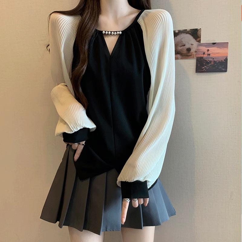 Women V Neck Pearl Decor Color Block Long Sleeve Blouse S чёрный