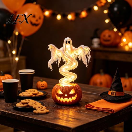Decorative Night Lamps for Porch Ghost Pumpkin Yard Lamp, Halloween Resin Figurine with Warm LED Light, Festive Holiday Gifts Kids Spooky Swirling On