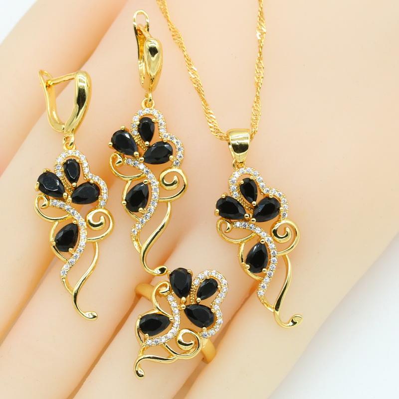Set di gioielli in zirconia viola color oro per donna Orecchini Collana Ciondolo Anelli Scatola Regalo Colori Nero Bianco Blu