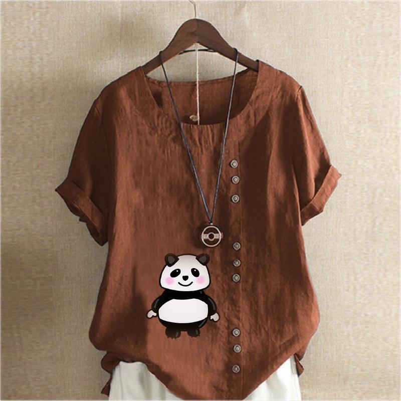 Women's Fashion Panda Print Short Sleeve T-shirt Loose Cotton Shirt Casual Loose Summer Blouse Tops Plus Size