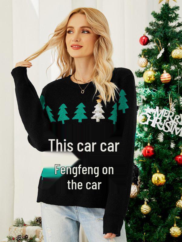 European & American Women's Red Christmas Tree Jacquard Knit Pullover Sweater - Long Sleeve, Autumn/Winter