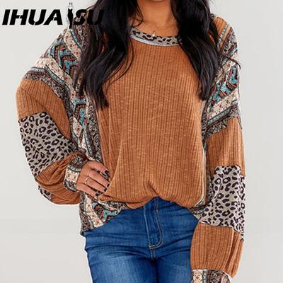 Herbst Winter Damen Freizeitshirt Farbkontrast Streifen Rundhals Puffärmel Lockerer Hoodie für Damen