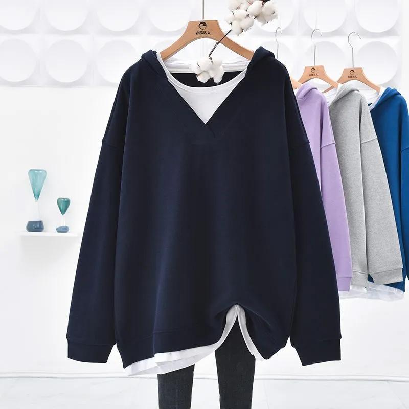 Sweatshirt for Women Cotton Loose Oversized False Two Piece Comfortable Round Neck Casual Pullover Top Hooded Sweatshirt