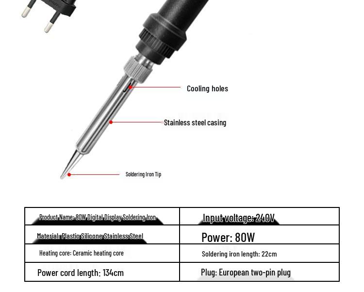 80W Digital Display Adjustable Temperature Soldering Iron for Household Use - Internal Heating & Constant Temperature.