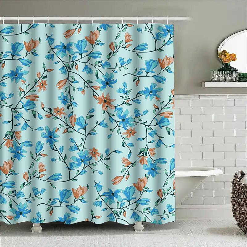 Modern Flower Blue Decor Shower Curtain Waterproof Fabric Bathroom Liner For Home Decoration In White Blue Colors Size: 69 X 70