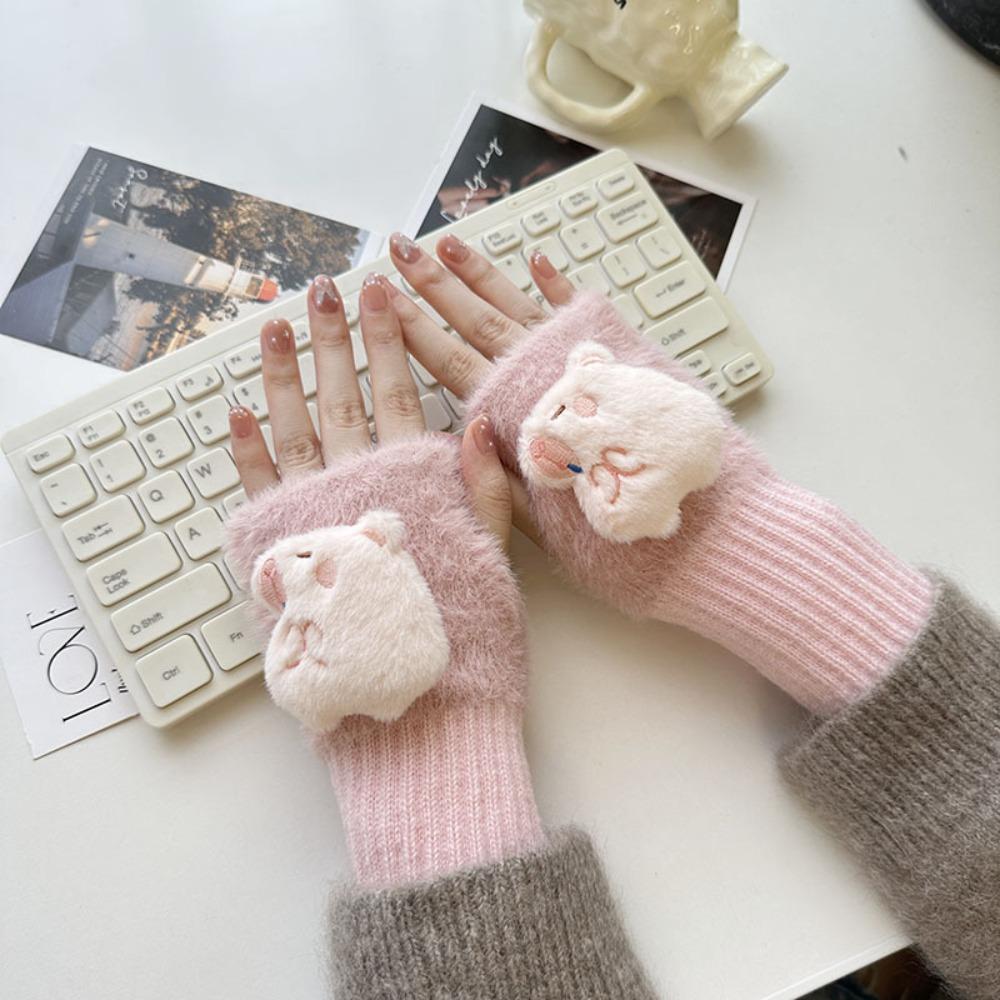 

Half Finger Plush Gloves Solid Color Winter Velvet Gloves Cute Capybara Knitted Gloves Ladies Style B-Pink