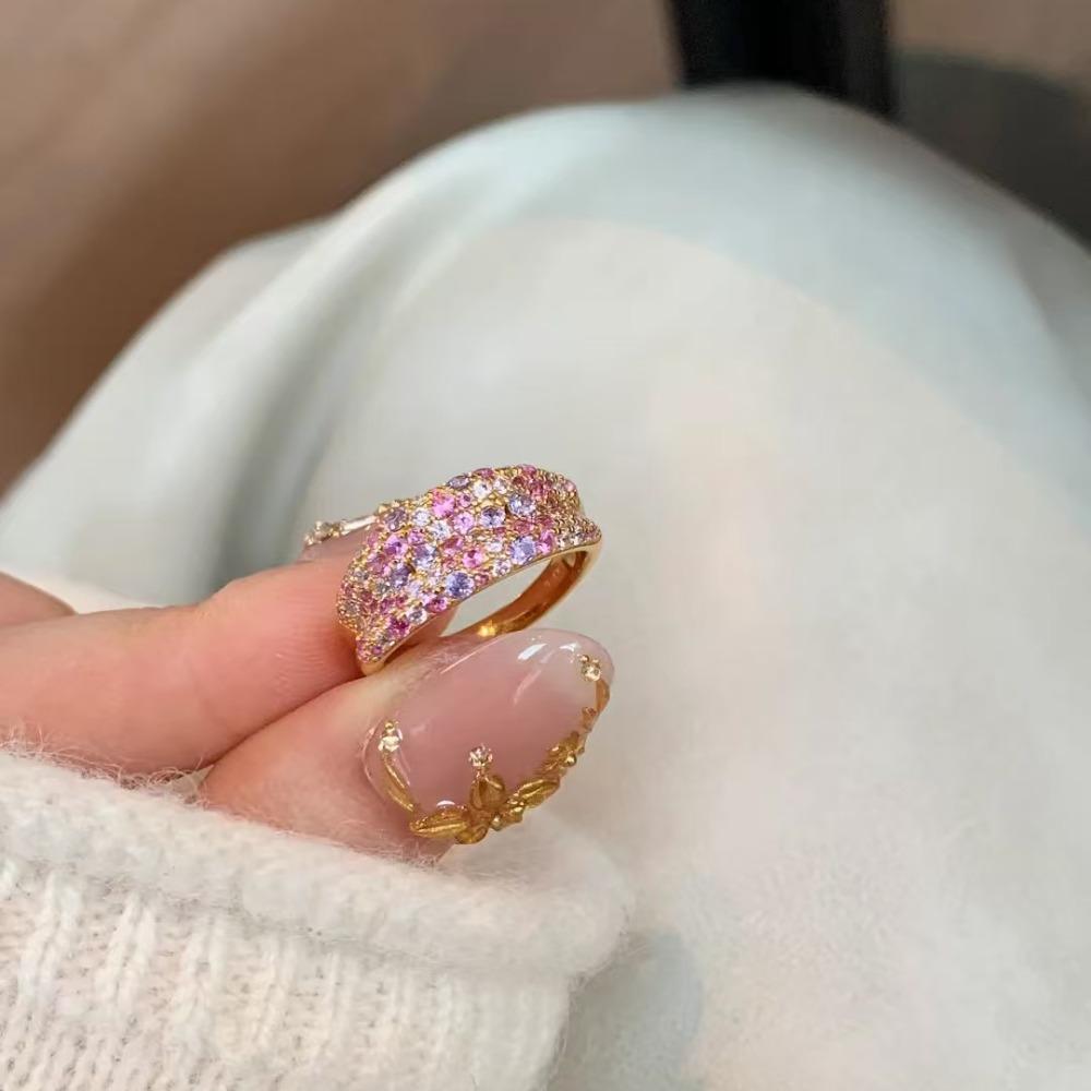 Винтажное Открытое Кольцо Цветочный Дизайн Золотой Градиент Алмаз Розовый Сапфир Полная Паве Кольцо для Наслаивания для Женщин