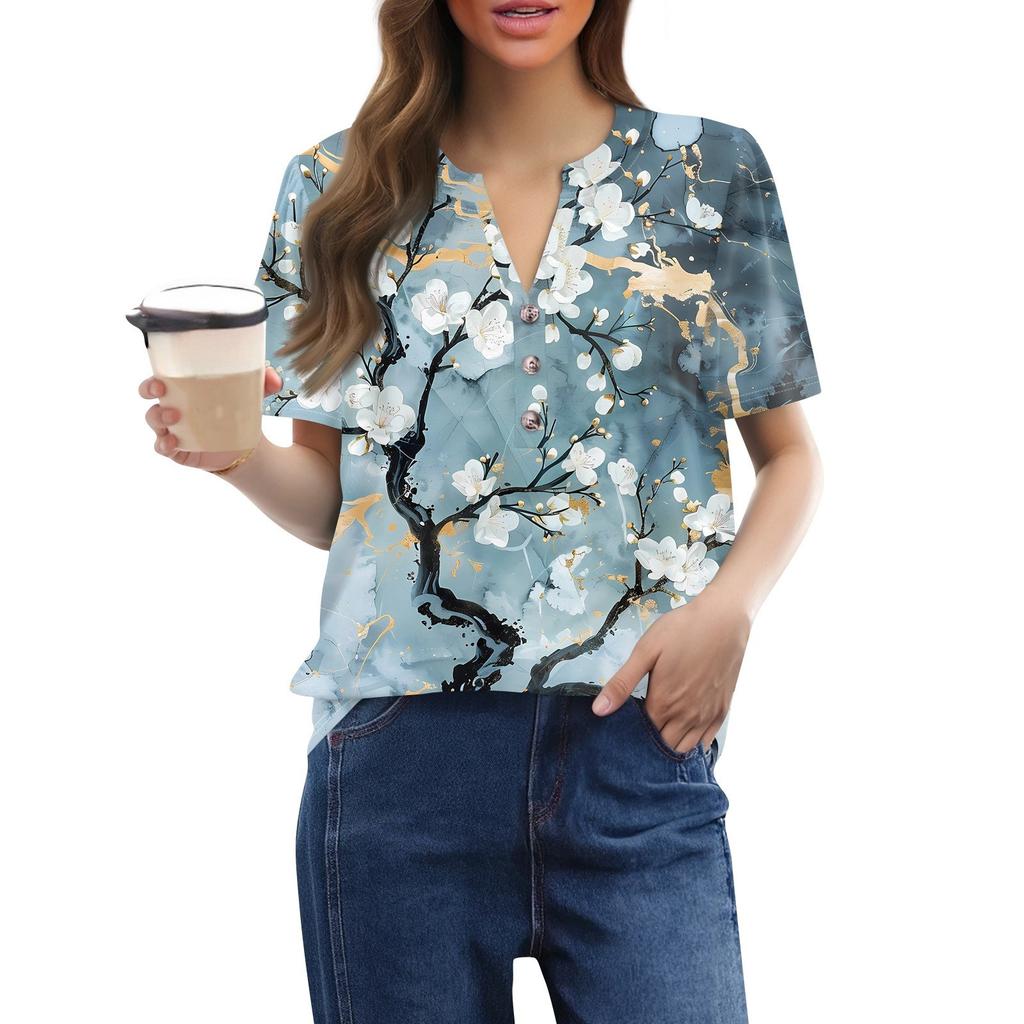 Damen Modisches, lässiges Kurzarm-Pullover-Oberteil mit Knopfleiste und V-Ausschnitt