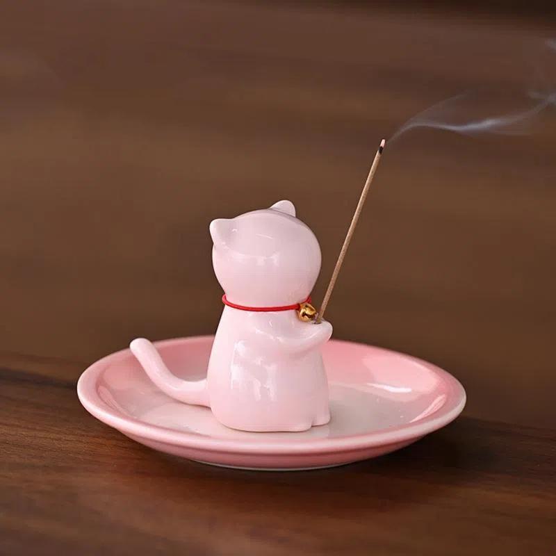 Cute Wishing Cat Ceramic Incense Burner Decoration Indoor Line Incense Holder for Tea Table | Temples Yoga Studios Home Decor