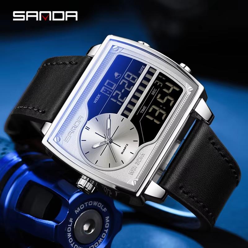 SANDA 6163 Fashion Trend Quartz Watches Fashion Men's Square Watch Countdown Sports Waterproof Dual Display Digital Mens Watch