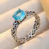 Vintage Inlaid Sea Blue CZ Women's Ring Ethnic CopperColor Hand Carving Daily Wear Party Jewelry Anniversary Gift