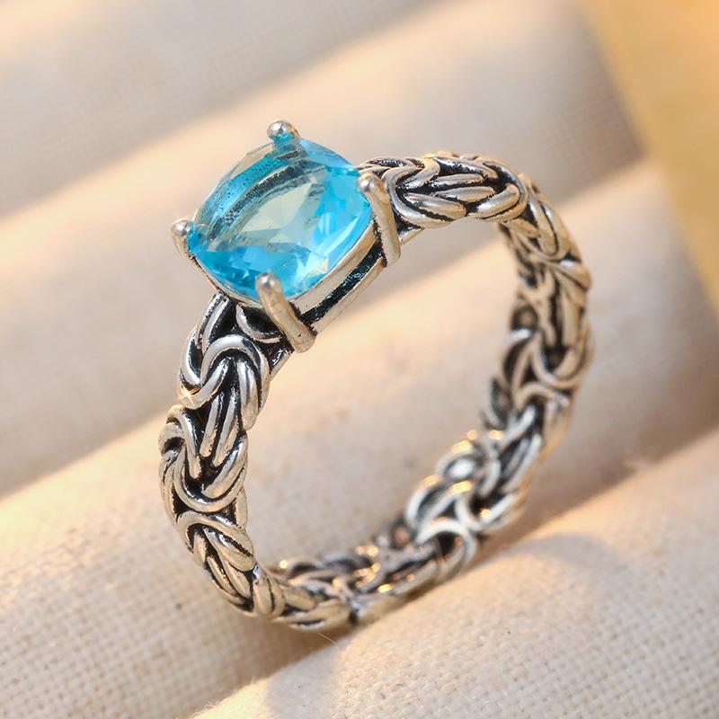 Vintage Inlaid Sea Blue CZ Women's Ring Ethnic CopperColor Hand Carving Daily Wear Party Jewelry Anniversary Gift