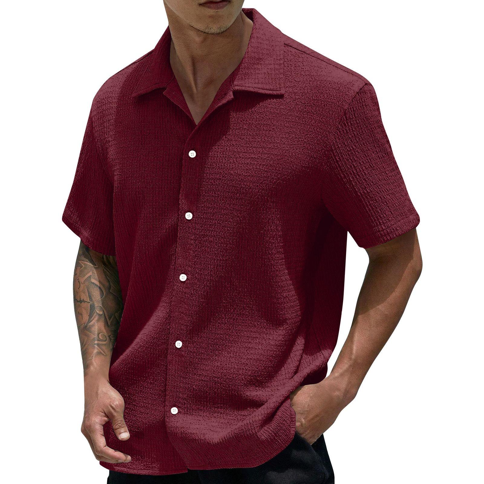 

Мужская летняя однотонная рубашка с лацканами и короткими рукавами, мужская повседневная модная рубашка с короткими рукавами M винный