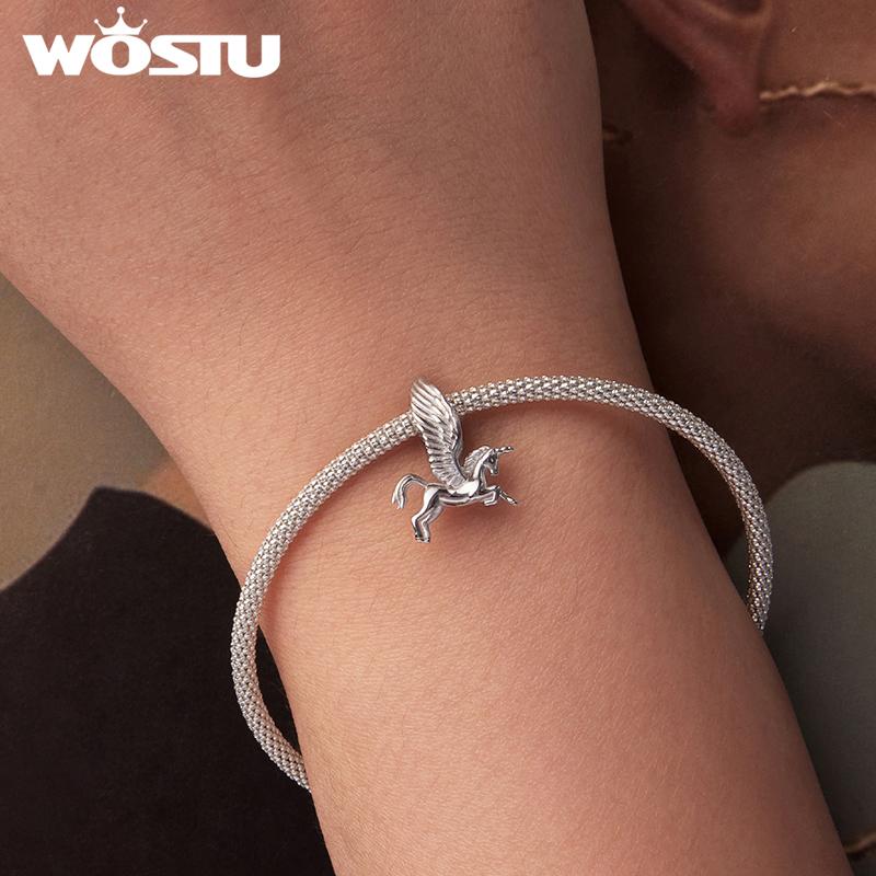 WOSTU 925 Sterling Silver Myth Unicorn Wing Charm Beads For Women Girl Birthday Gift Pet Animal Beads Fit Original Bracelet