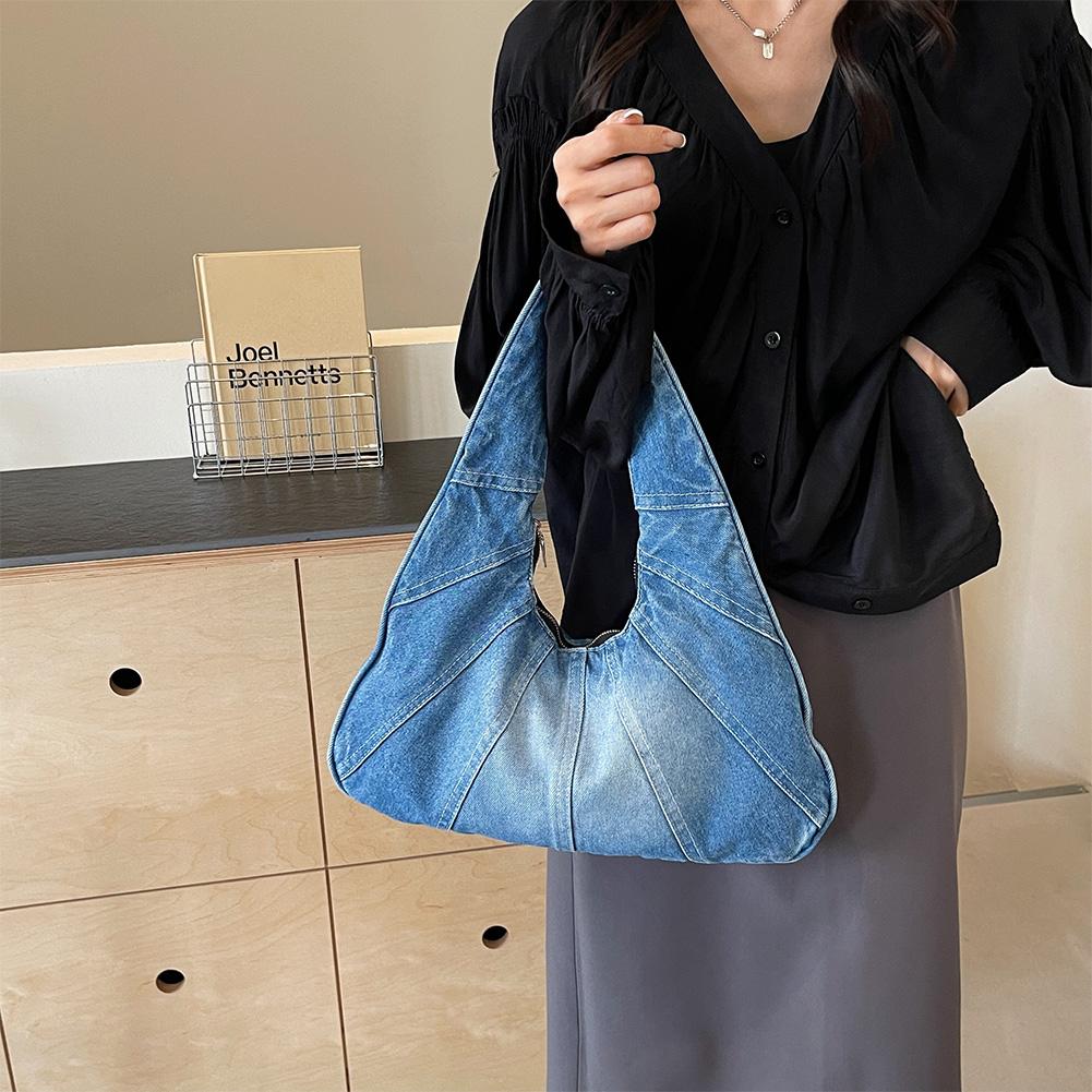 Women Denim Handbag Trendy Shoulder Bag with Zipper Underarm Purse With Pocket Clutch Bag for Work Travel Shopping
