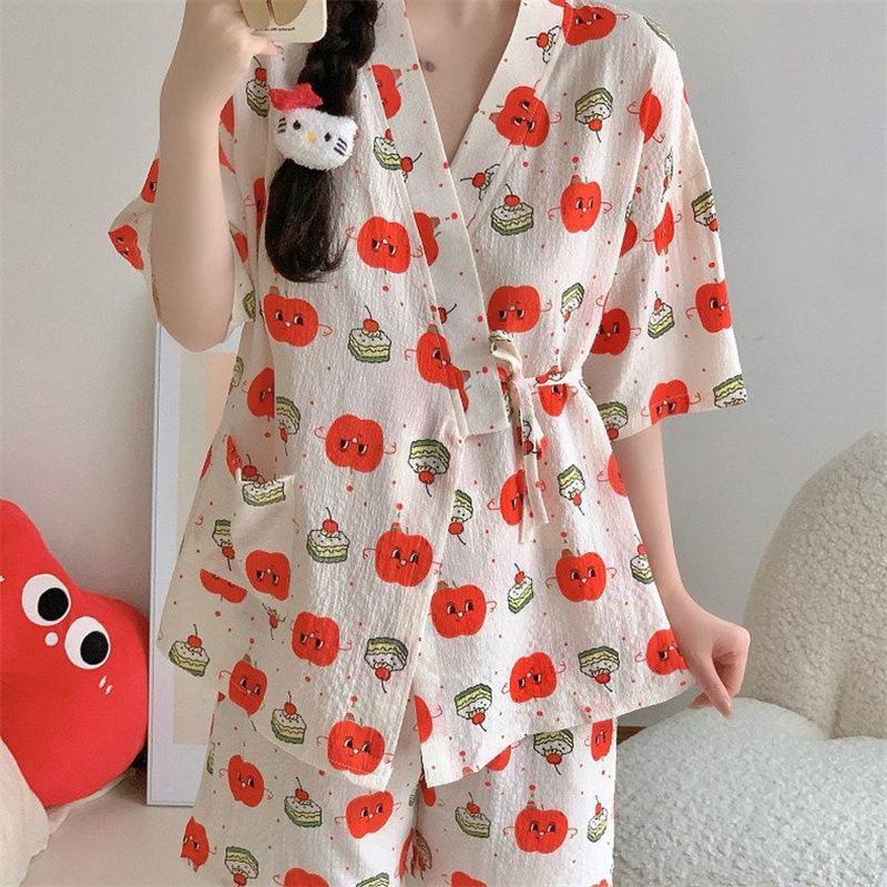 

Women s Summer Japanese Style Kimono Pajamas, Plus Size, Bubble Crinkle Fabric, Round Neck, Short Sleeve Set M-L