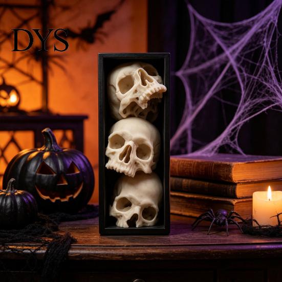 Office Desk Ornament Gothic Style Bookshelf Insert, 3 Tier Stacked Skulls Design, Spooky Home Decor 3D Printed Horror Themed Skeleton Sculpture,