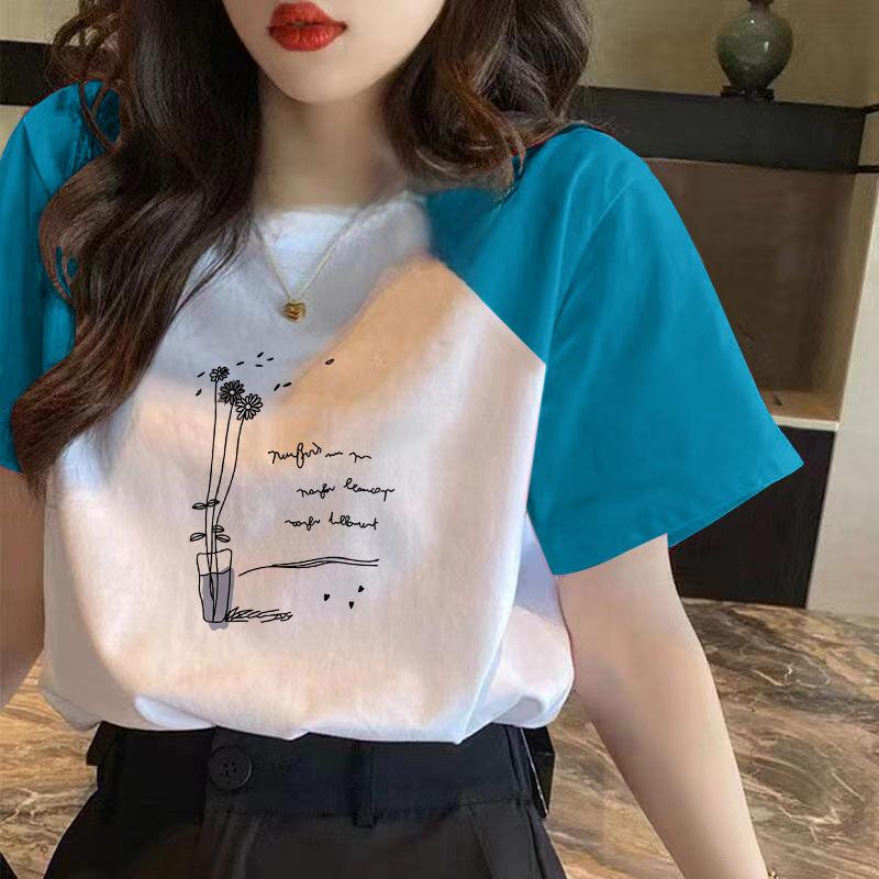 Damen 2024 Frühling/Sommer Locker geschnittenes Kontrastfarbenes Kurzarm-T-Shirt aus 100% Baumwolle - Trendiges Allround-Oberteil