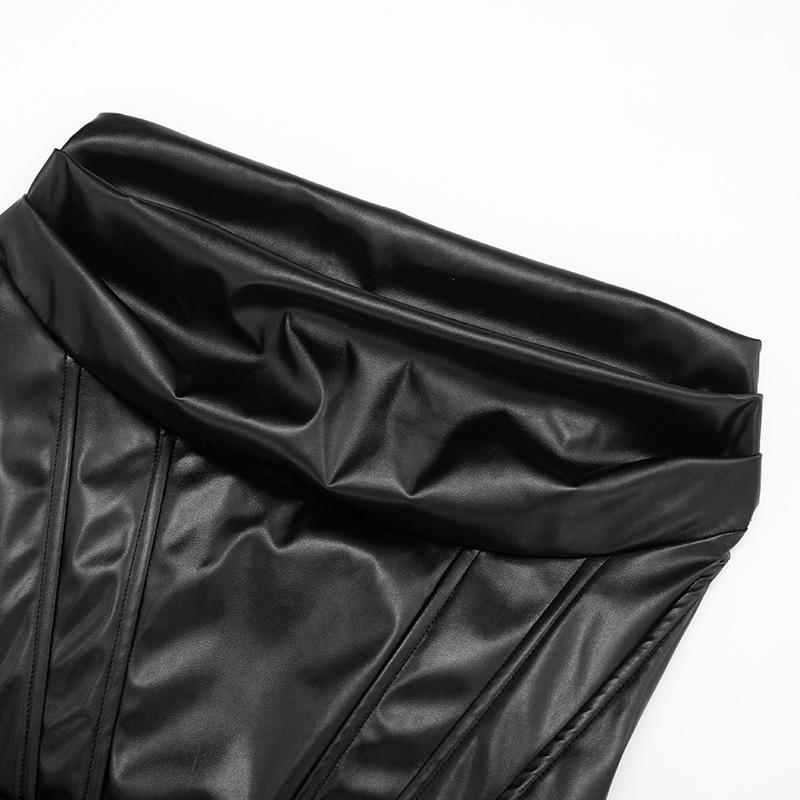 European & American Women's Sexy Strapless PU Leather Ruched A-line Dress