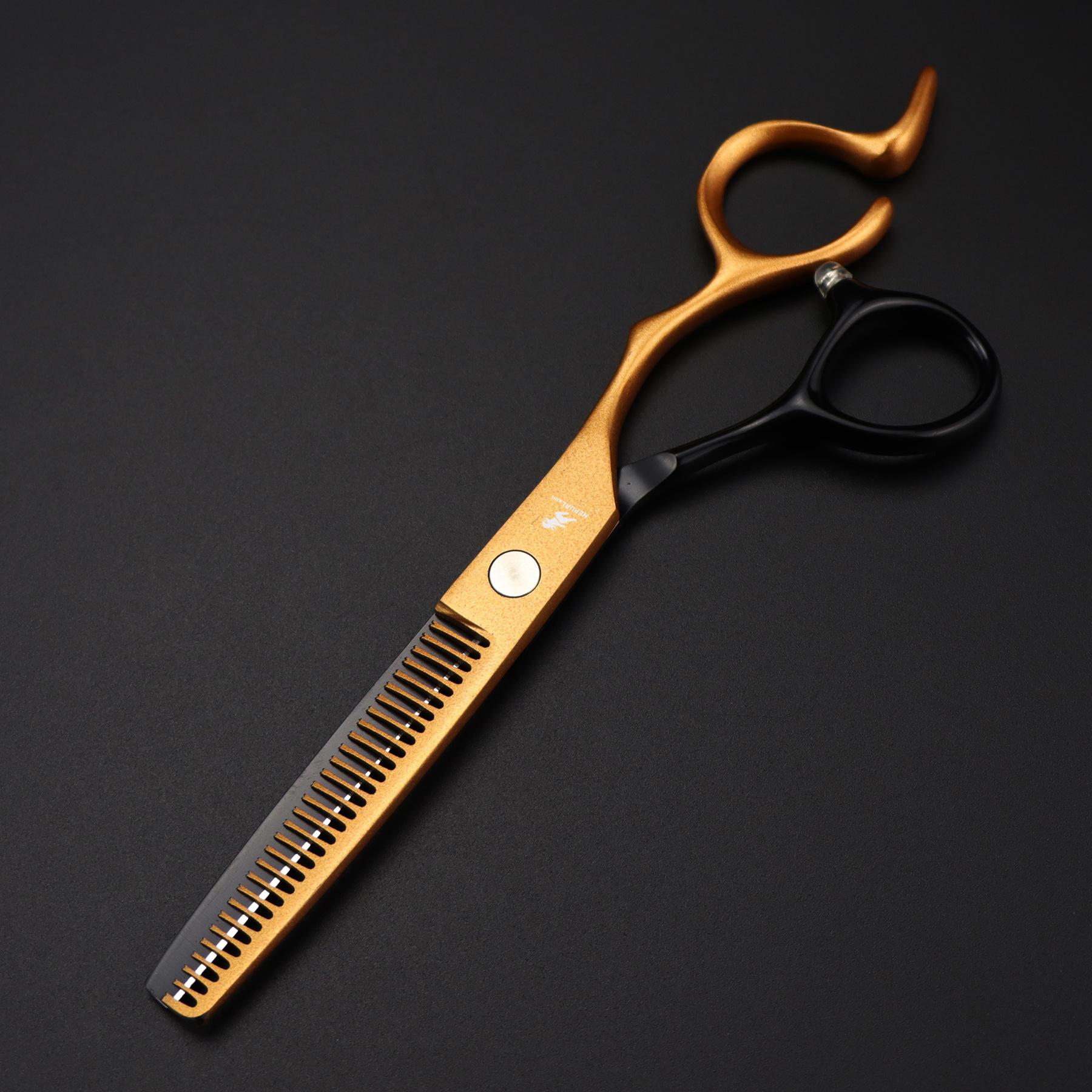 

6.0 Inch Black And Gold Notched Handle, Nimpson Hair Scissors, Haircut, Flat Scissors, Bangs, Scissors, Thin Scissors tooth scissors