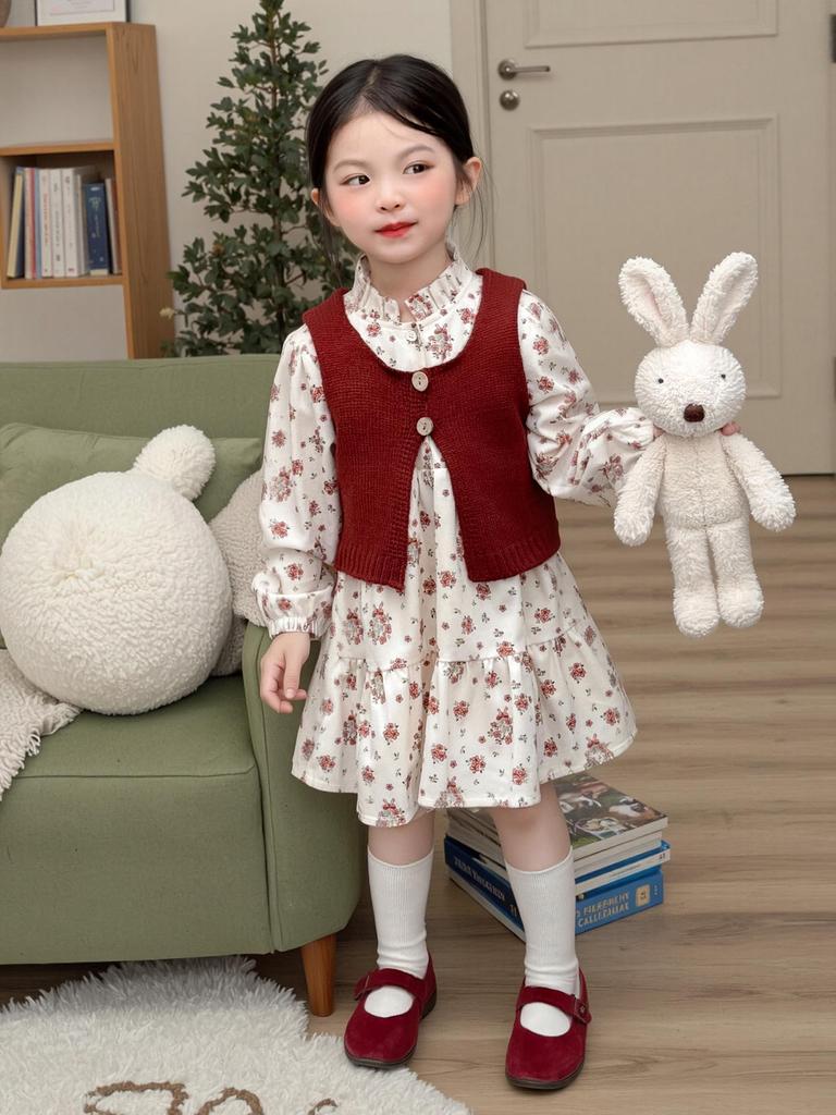 2025 Autumn Floral Dress & Sweater Vest Set for Girls – Fashionable Princess Outfit