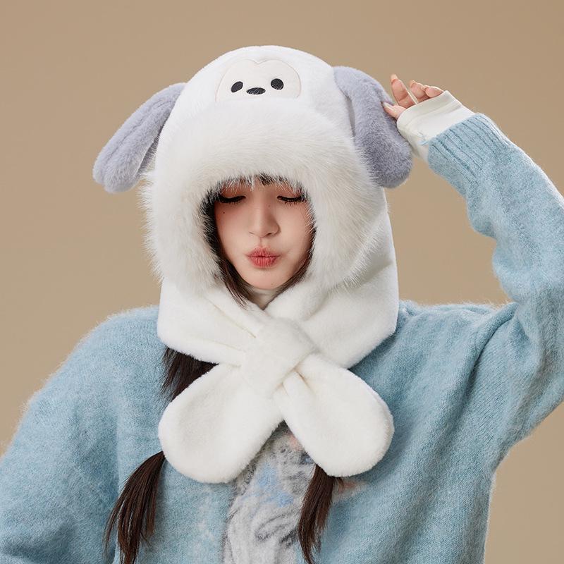 

Women s Cute Puppy Three-in-One Hat, Scarf, and Gloves Set for Autumn and Winter
