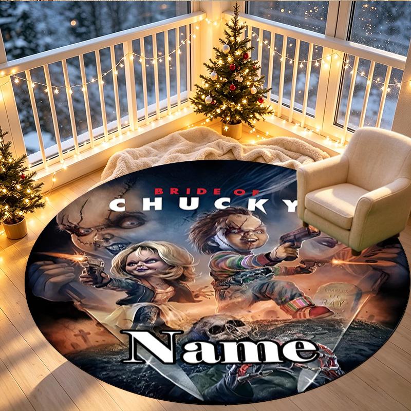 Custom Name Personalized Bride of Chucky Print Round Rug, Versatile Home Decor Carpet, for Playroom, Apartment, Balcony, Entryway, Hallway Gift