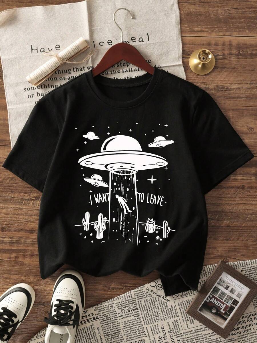 

Unisex s Slogan Spaceship Print Round Neck Loose Short Sleeve Casual T-Shirt L