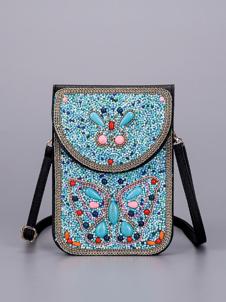 Butterfly & Flower Pattern Retro Ethnic Style 2026 New Handmade Beaded PU Crossbody Mini Phone Bag Women's Shoulder Purse