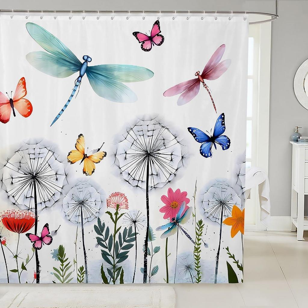 Dragonfly Summer Shower Curtain Butterfly Flower Lotus Dandelion Floral Nature Bathroom Decor Polyester Bath Curtain With Hook