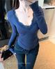 Lace Patchwork V-neck Long-sleeve Slim Fit Winter Top - Women's Sexy Waist-cinching Base Layer