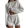 2 Teile/satz Frauen Top Shorts Outfit Aushöhlen Elastische Taille Lose Langarm O Hals Dünne Einfarbig Atmungsaktive Soft homewear T-shirt Shorts Set