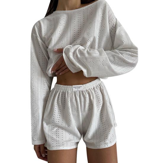 2 Teile/satz Frauen Top Shorts Outfit Aushöhlen Elastische Taille Lose Langarm O Hals Dünne Einfarbig Atmungsaktive Soft homewear T-shirt Shorts Set