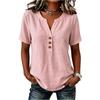 Women's Casual V-Neck Button Blouse Loose Fit Color Cotton Linen Top