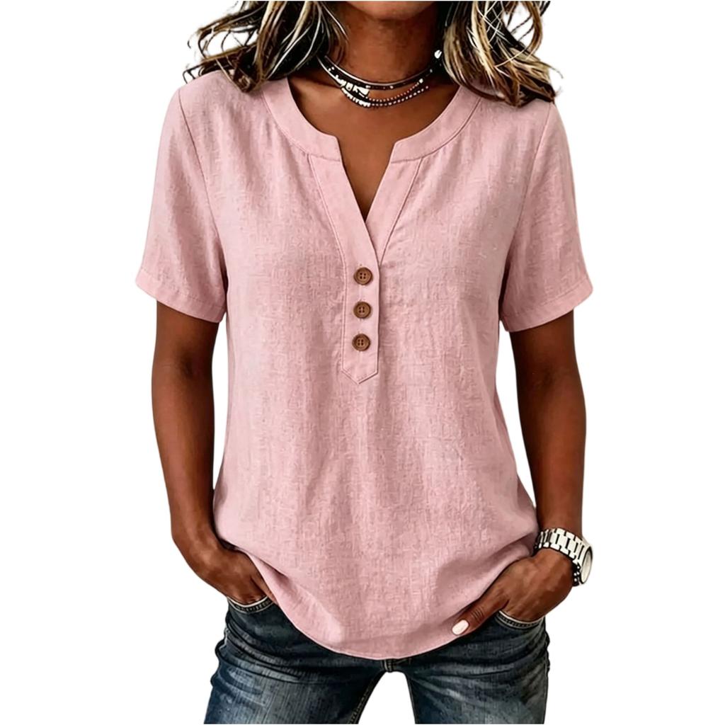 Women's Casual V-Neck Button Blouse Loose Fit Color Cotton Linen Top