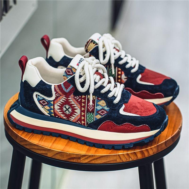 Men's Ethnic Pattern Retro Chunky Sneakers Casual Lace Up Outdoor Walking Shoes