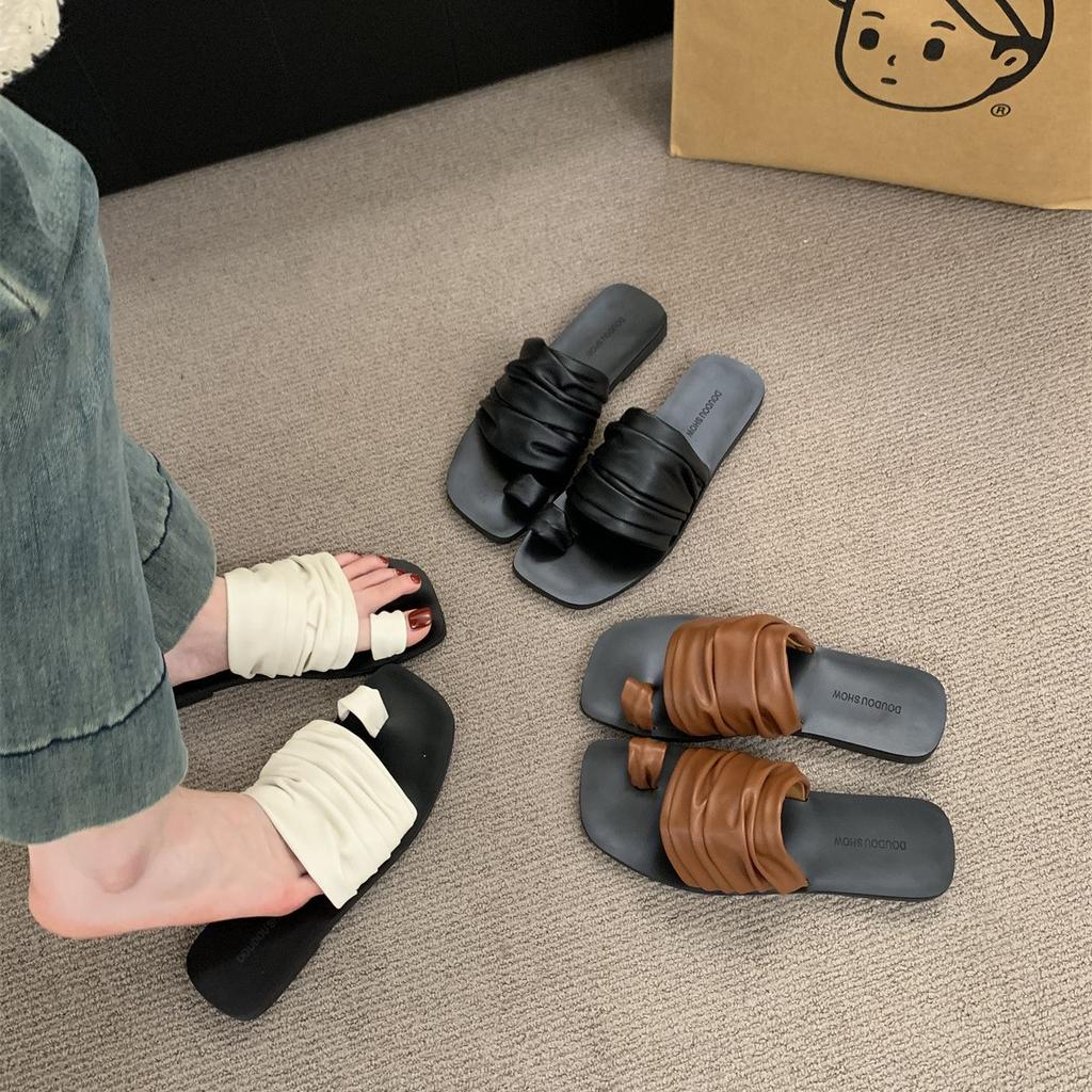 Korean set of toe one-word cool slippers female summer wear French retro fairy wind vacation half-drag flat-bottomed beach shoes