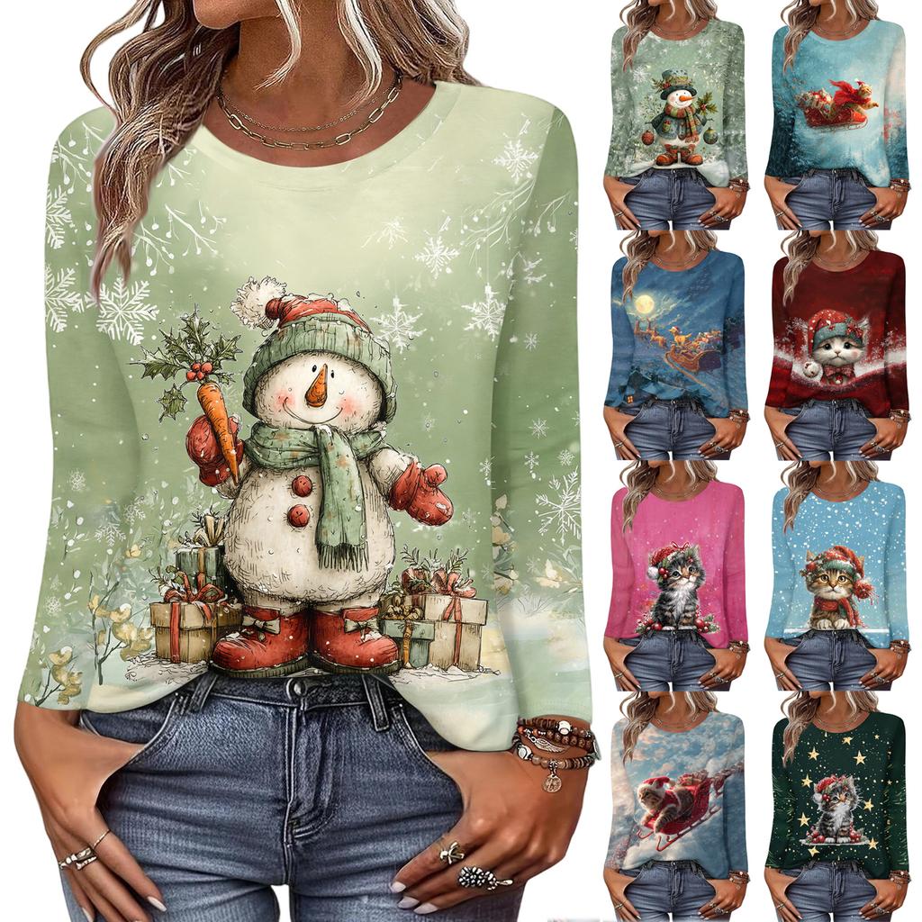 Langermede skjorter for kvinner Søt trykk grafisk t-skjorte Bluser Uformell Pluss størrelse Basic Topper Pullover