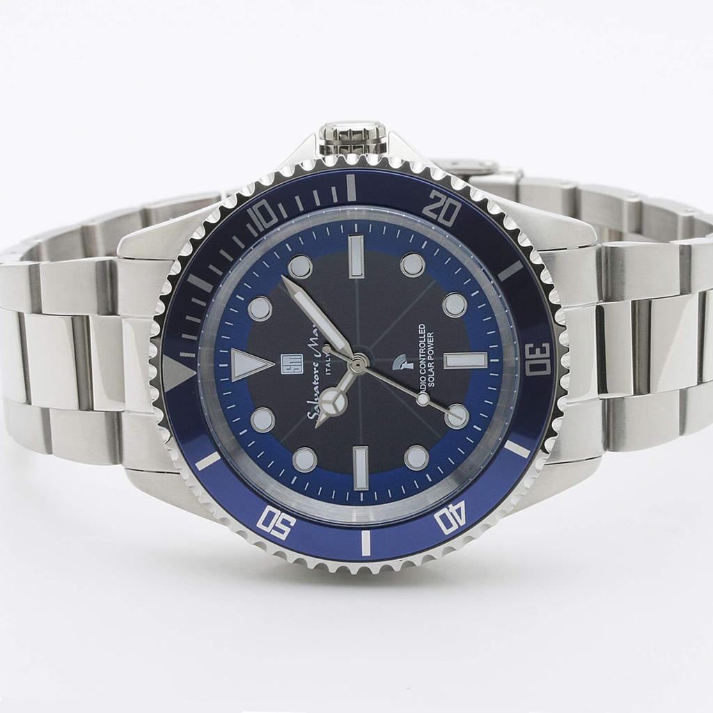 Salvatore Marra Men's Solar-Powered Radio-Controlled Watch, Business Style, Popular Brand, Waterproof, Gift, Blue, with Cloth, SSBL [Parallel Import]