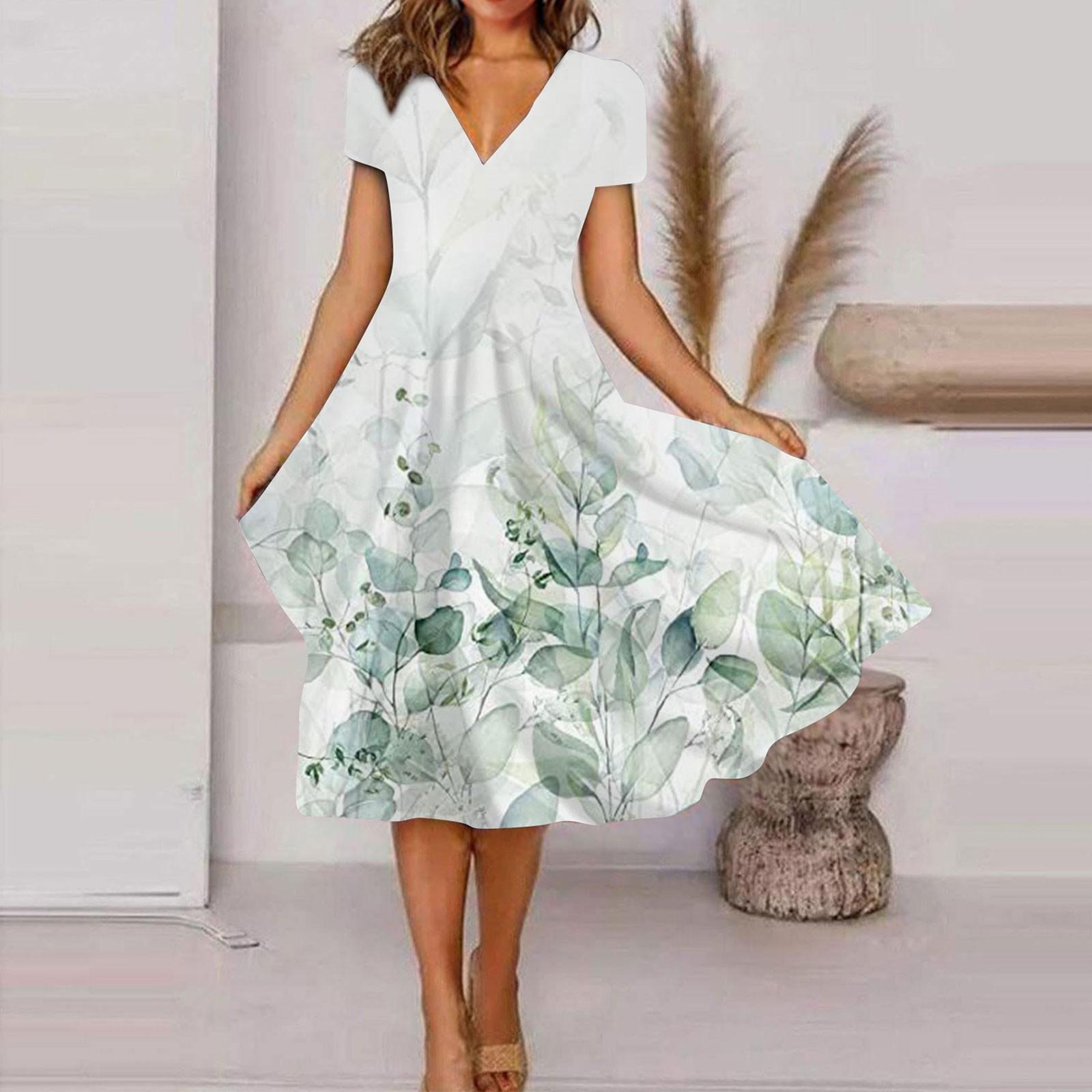 

Женское повседневное платье Летнее повседневное платье с короткими рукавами и v-образным вырезом в стиле бохо с принтом на талии XL зелёный