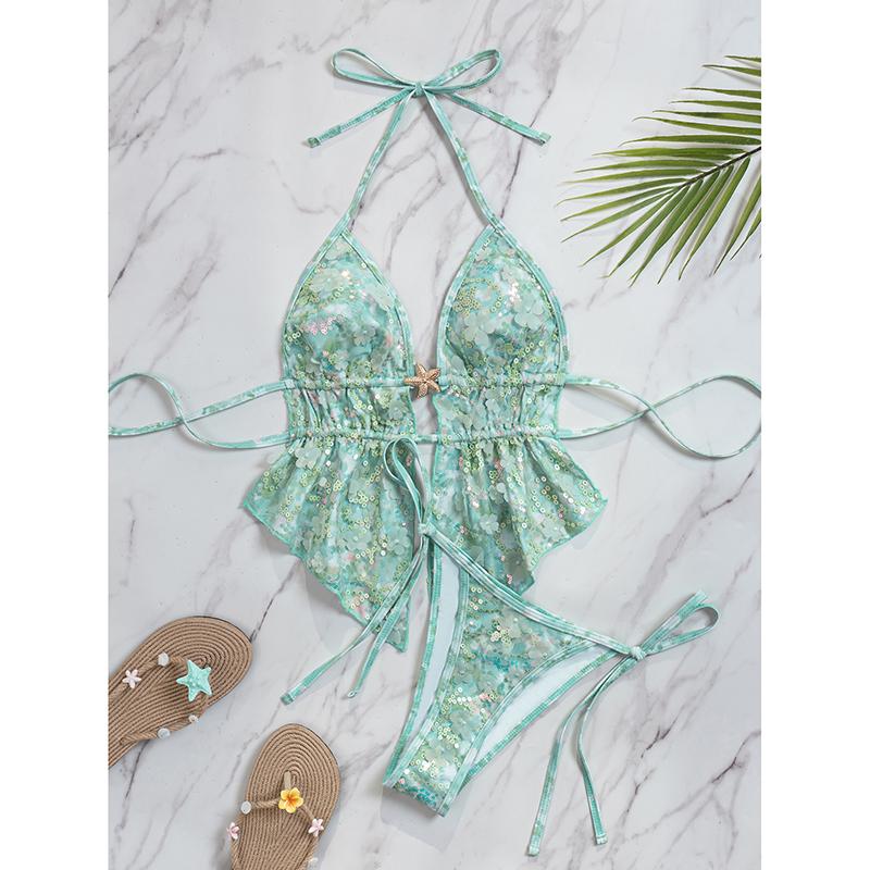 

Sexy Sequin Green Bikinis Sets Women Metal Starfish Pleate Tank Top Tie Side Thong Swimsuit Beach Bathing Suit Swimwear L зелений