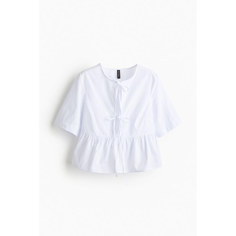 

HM Fall Women s Clothing Fashion Casual Front Shoelace Poplin Tops 1202833 White 155/80