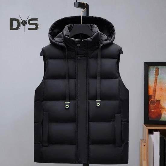 Men Waistcoat Stand Collar Hooded Sleeveless Zipper Placket Down Cotton Vest with Pockets Solid Color Thickened Vest Jacket
