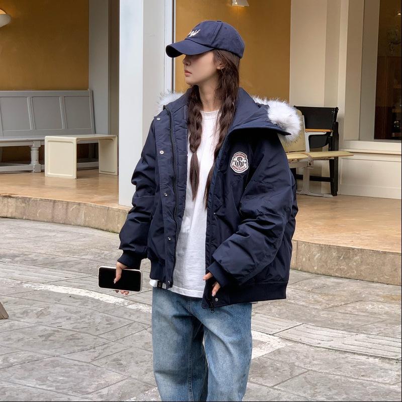New winter coat, large cold-proof and warm fur-collared cotton-padded jacket, women's short thickened loose cotton-padded jacket.