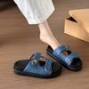 Large Size Thick-bottomed Cool Slippers Women's Summer Denim Outer Wear Velcro Printed Beach One-word Slippers